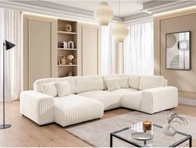 Colțar crem cu tapițerie din catifea reiată (cu colț pe partea dreaptă/în formă de "U") Justin – Ropez