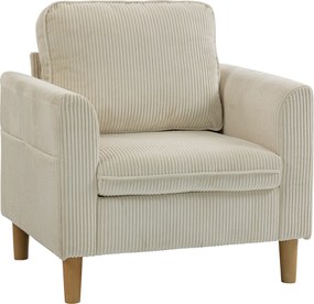 HOMCOM Fotoliu de living din catifea côtelată, fotoliu 1 loc tapițat cu șezut lat și pernă cu arcuri, 83x74x87cm, bej | Aosom Romania