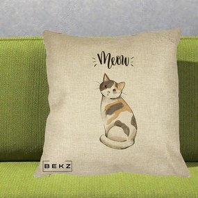 Perna Personalizata Pisica Meow Acuarela, 40x40 cm, Crem, Husa Detasabila, Perna Inclusa, BEKZ®
