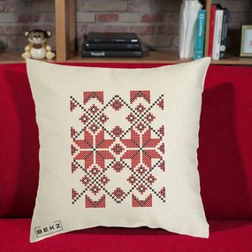 Perna Personalizata Motiv Traditional Cusatura Rosu-Negru, 40x40 cm, Ecru, Husa Detasabila, Perna Inclusa, BEKZ®