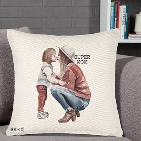 Cadou pentru Mama - Perna Personalizata Super Mom Acuarela, 40x40 cm, Crem Reliefat, Husa Detasabila, Perna Inclusa, BEKZ®