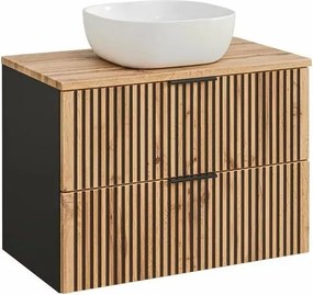 Set dulap baza suspendat 80 cm cu blat si lavoar Comad Xilo stejar Wotan si gri piatra
