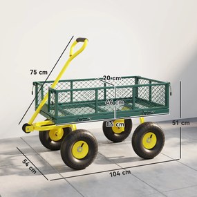 Outsunny Cărucior de Grădină Robust, Remorcă din Oțel cu Pereți Laterali Detașabili, Convertibil în Platformă, Roți de 25cm, Mâner Rotativ la 180°, Capacitate 200 kg, pentru Plajă, Peluză și Grădină, Verde | Aosom Romania