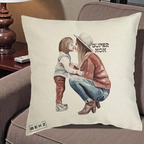 Cadou pentru Mama - Perna Personalizata Super Mom Acuarela, 40x40 cm, Ecru, Husa Detasabila, Perna Inclusa, BEKZ®