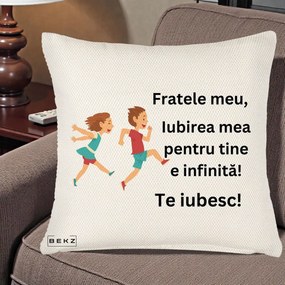 Cadou pentru Frate - Perna Personalizata Fratele Meu Te Iubesc Copii Alergand Colorat, 40x40 cm, Crem Reliefat, Husa Detasabila, Perna Inclusa, BEKZ®