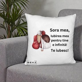 Cadou pentru Sora - Perna Personalizata Sora Mea Te Iubesc Doua Fete Iarna Acuarela, 40x40 cm, Alb Pufos, Husa Detasabila, Perna Inclusa, BEKZ®