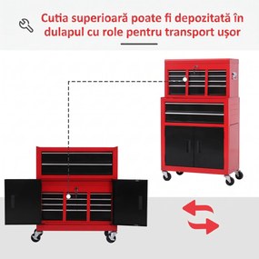 HOMCOM Cutie pentru Unelte pe Roți cu 6 Sertare, 2 în 1, Dulap Spațios cu Încuietoare, Metal, Roșu | Aosom Romania
