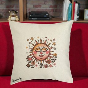 Perna Decorativa Soare Retro Boho Floral, 40x40 cm, Ecru, Husa Detasabila, Perna Inclusa, BEKZ®