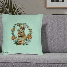 Perna Decorativa Iepuras Floral Coronita Acuarela, 40x40 cm, Verde Menta, Husa Detasabila, Perna Inclusa, BEKZ®