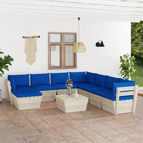 Set mobilier gradina din paleti cu perne, 9 piese, lemn molid Albastru, 3x colt + 4x mijloc + masa + suport pentru picioare, 1