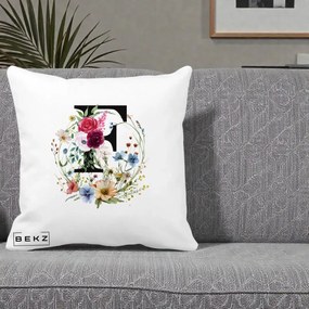 Cadou Personalizat - Perna Personalizata Monogram Litera F cu Flori Acuarela, 40x40 cm, Alba Mata, Husa Detasabila, Perna Inclusa, BEKZ®