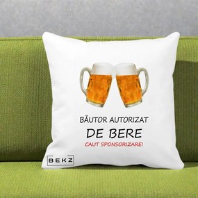 Perna Decorativa Bautor Autorizat de Bere, 40x40 cm, Alba Mata, Husa Detasabila, Perna Inclusa, BEKZ®