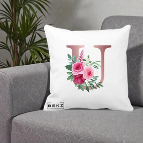 Cadou Personalizat - Perna Personalizata Monograma Rose Gold Litera U, 40x40 cm, Alba Mata, Husa Detasabila, Perna Inclusa, BEKZ®