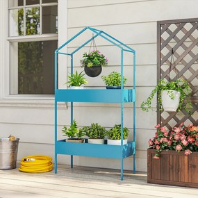 Outsunny Suport Ghivece pe 2 Niveluri din Metal în Formă de Casă, Raft pentru Plante cu Cârlig pentru Interior și Exterior, 75x35x150 cm, Verde Albastru | Aosom Romania