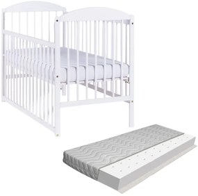 Patut din lemn masiv 120x60 cm Kidizi Orella alb cu laterala culisanta si saltea antialergica cu ventilatie Air 120x60x10 cm, reglabil pe 3 nivele, certificat EN71