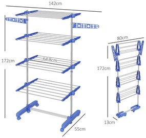 HOMCOM Suport Vertical de Uscare, Suport Pliabil de Uscare cu 6 Roți și 4 Rafturi Reglabile, 142x55x172 cm, Alb și Argintiu | Aosom Romania