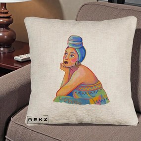 Perna Decorativa Portret Femeie Contemplativa, 40x40 cm, Bej Canapea, Husa Detasabila, Perna Inclusa, BEKZ®