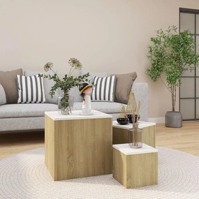 808590 vidaXL Măsuțe laterale, 3 buc., alb și stejar sonoma, PAL