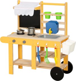 AIYAPLAY Bucătărie de jucărie exterioară din lemn cu roți Apă reală Ghivece Tablă și 15 accesorii 84,2x34,4x90 cm Galben | Aosom Romania