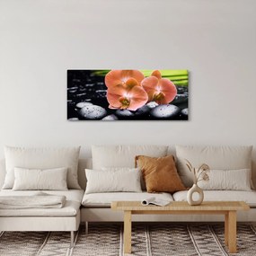 Tablou - Orhidee portocalie cu frunze de palmier (120x50 cm)
