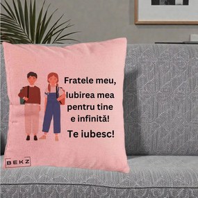 Cadou pentru Frate - Perna Personalizata Fratele Meu Te Iubesc Elevi Ilustratie Colorata, 40x40 cm, Roz, Husa Detasabila, Perna Inclusa, BEKZ®