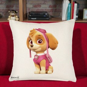Perna Personalizata Skye PAW Patrol Roz, 40x40 cm, Crem Reliefat, Husa Detasabila, Perna Inclusa, BEKZ®