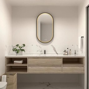 Oglinda cu iluminare si dezaburire Fluminia Canaria cu afisare ora 50x100 cm finisaj negru mat