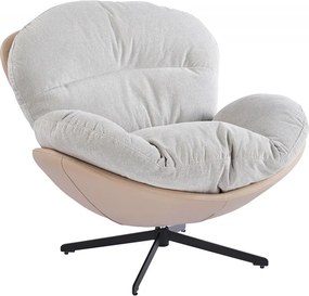 Fotoliu Lounge Rotativ 360° cu Pernă Extra Confort, Tapiterie Linen + PU, Bază Metalică Neagră, Design Modern, Alb