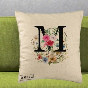Cadou Personalizat - Perna Personalizata Monogram Litera M cu Flori Acuarela, 40x40 cm, Bej, Husa Detasabila, Perna Inclusa, BEKZ®