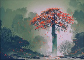 Tablou pe sticlă - Copacul roșu singuratic (70x50 cm)