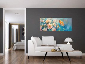 Tablou - Fluture și flori, pictură în ulei II. (120x50 cm)