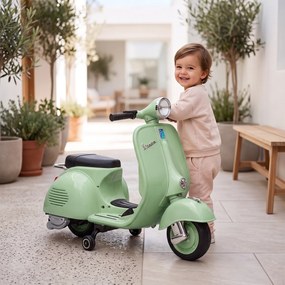 AIYAPLAY Motocicletă Electrică pentru Copii 3+ Ani, Licență VESPA, 6V, cu Roți Ajutătoare Detașabile, Max. 30 kg, Verde | Aosom Romania