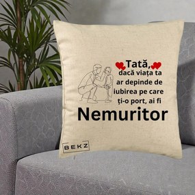 Cadou pentru Tata - Perna Personalizata Tata Nemuritor Baietel, 40x40 cm, Bej, Husa Detasabila, Perna Inclusa, BEKZ®