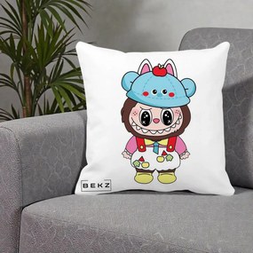 Perna Personalizata Labubu x Urs Albastru Colorat, 40x40 cm, Alba Mata, Husa Detasabila, Perna Inclusa, BEKZ®