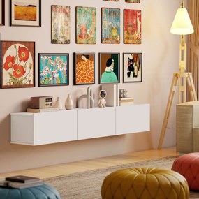 HOMCOM Mobilier TV Suspendat, Suport TV până la 82" cu 3 Dulapuri cu Uși Rabatabile Soft Close, Dulap pentru Televizor pentru Living, Dormitor și Salon, 180x31.5x29.8 cm, Alb Lucios | Aosom Romania