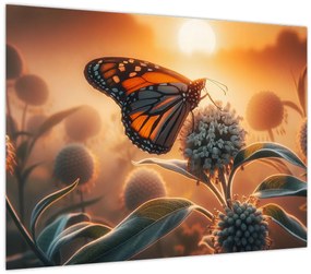 Tablou pe sticlă – Fluture în soare apunând (70x50 cm)