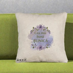 Cadou pentru Bunica - Perna Personalizata Cea Mai Buna Bunica Flori Mov Acuarela Auriu, 40x40 cm, Bej Canapea, Husa Detasabila, Perna Inclusa, BEKZ®