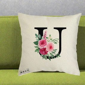 Cadou Personalizat - Perna Personalizata Monograma Florala Litera U, 40x40 cm, Ecru, Husa Detasabila, Perna Inclusa, BEKZ®