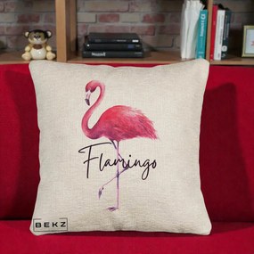 Perna Decorativa Flamingo Acuarela, 40x40 cm, Bej Canapea, Husa Detasabila, Perna Inclusa, BEKZ®