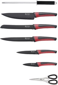 Set de cutite Edenberg EB-952, 8 piese, Otel carbon, Foarfeca, Ascutitor, Suport acrilic, Negru/Rosu