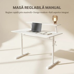 RESIGILAT- ERGOLEV WX-007 – Birou Reglabil Manual cu Înălțime Ajustabilă 65–90 cm, Blat Monobloc din PAL de Înaltă Densitate 15 mm, Cadru Metalic din Oțel, Raft Superior Integrat, 100x60 cm, Alb