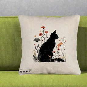 Perna Decorativa Pisica Neagra Profil Flori Portocalii, 40x40 cm, Bej Canapea, Husa Detasabila, Perna Inclusa, BEKZ®