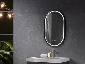 Oglinda baie, Multifuncțională, Iluminare LED 3 culori, Ceas încorporat, Sistem Dezaburire, Rama Negru, 45x90 cm