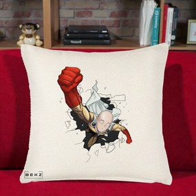 Perna Personalizata One Punch Man Saitama Pumn, 40x40 cm, Crem Reliefat, Husa Detasabila, Perna Inclusa, BEKZ®