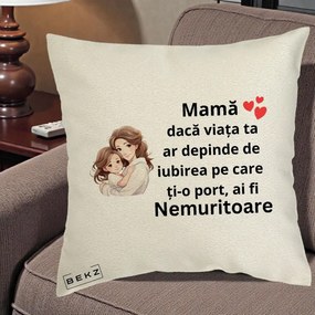 Cadou pentru Mama - Perna Personalizata Mama Nemuritoare cu Balon Inima, 40x40 cm, Ecru, Husa Detasabila, Perna Inclusa, BEKZ®