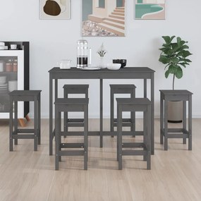 3124709 vidaXL Set mobilier de bar, 7 piese, gri, lemn masiv de pin
