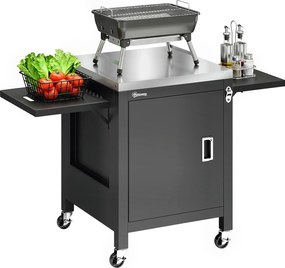 Outsunny Căruț de grădină pentru grătar pe roți, blat din oțel inoxidabil, suport pentru prosoape, 140,5 x 68 x 89 cm Negru | Aosom Romania
