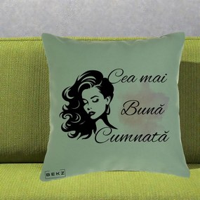 Cadou pentru Cumnata - Perna Personalizata Cea mai Buna Cumnata cu Silueta Dama si Pete Roz, 40x40 cm, Verde, Husa Detasabila, Perna Inclusa, BEKZ®