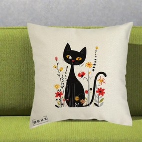 Perna Decorativa Pisica Neagra Ochi Galbeni Flori, 40x40 cm, Ecru, Husa Detasabila, Perna Inclusa, BEKZ®
