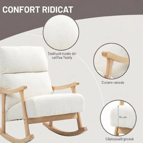 HOMCOM Scaun Balansoar Tapițat din Catifea Teddy, cu Spătar Ergonomic și Picioare din Lemn de Cauciuc,  Alb crem | Aosom Romania